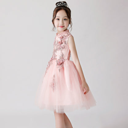 Pink Printed Embroidered Chiffon Flower Girl Poncho Dress For Wedding, Party, Occasions FLC3176