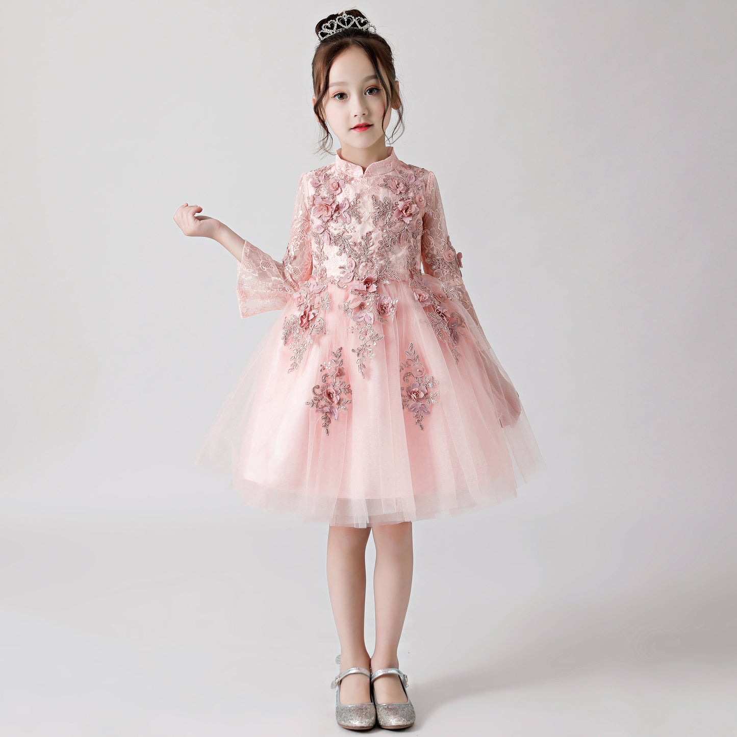 Pink Printed Embroidered Chiffon Flower Girl Long Sleeve Poncho Dress For Wedding, Party, Occasions FLC3177