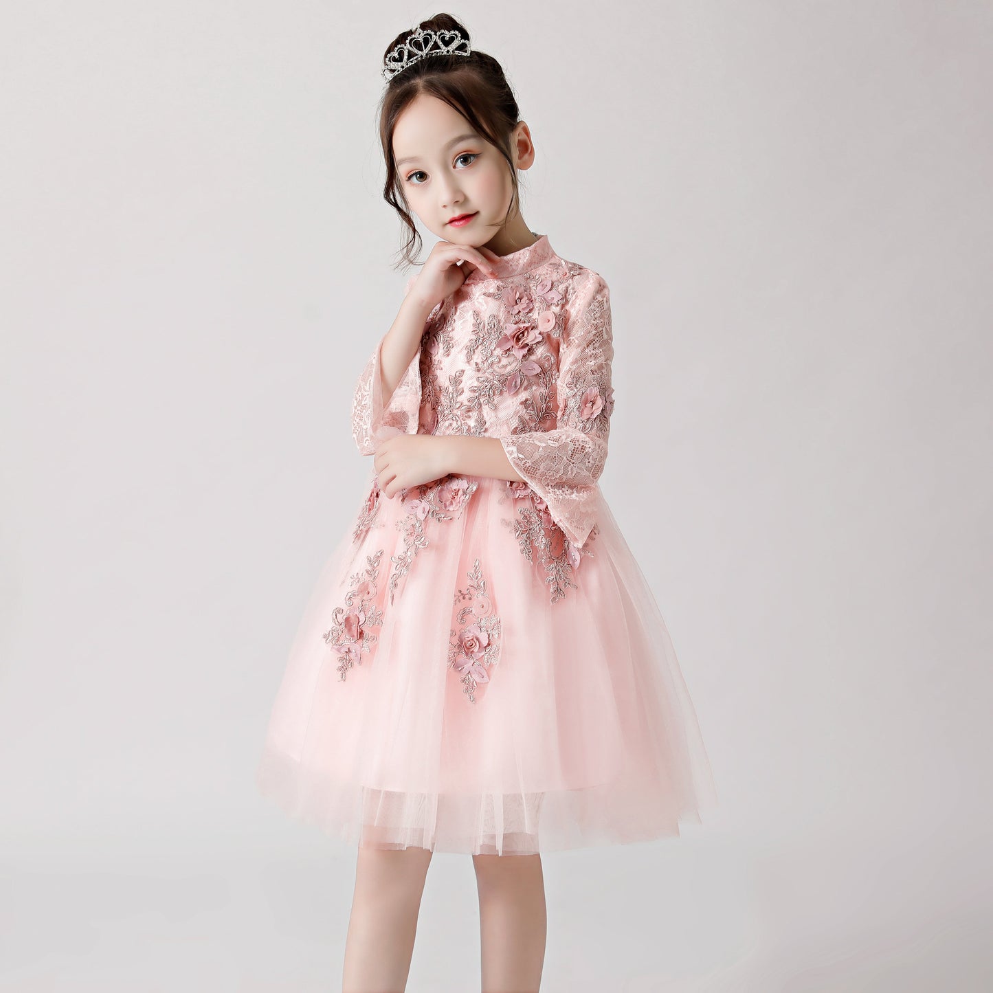 Pink Printed Embroidered Chiffon Flower Girl Long Sleeve Poncho Dress For Wedding, Party, Occasions FLC3177