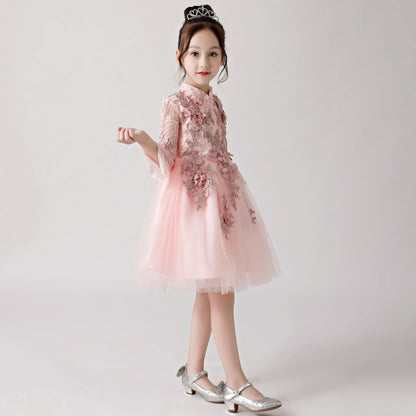 Pink Printed Embroidered Chiffon Flower Girl Long Sleeve Poncho Dress For Wedding, Party, Occasions FLC3177