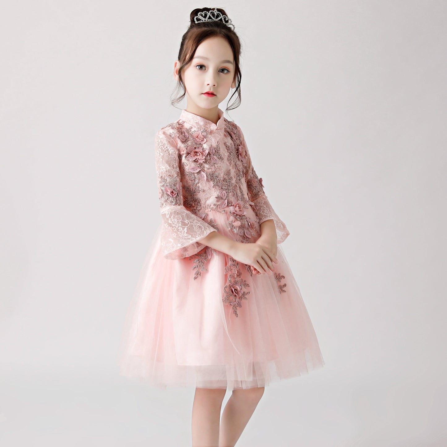 Pink Printed Embroidered Chiffon Flower Girl Long Sleeve Poncho Dress For Wedding, Party, Occasions FLC3177