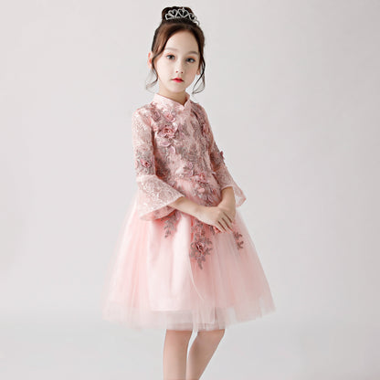 Pink Printed Embroidered Chiffon Flower Girl Long Sleeve Poncho Dress For Wedding, Party, Occasions FLC3177