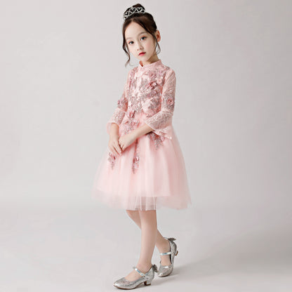 Pink Printed Embroidered Chiffon Flower Girl Long Sleeve Poncho Dress For Wedding, Party, Occasions FLC3177