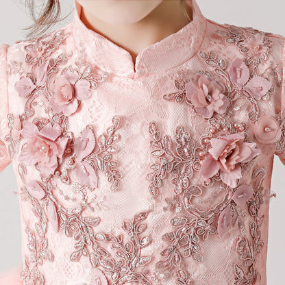 Pink Printed Embroidered Chiffon Flower Girl Long Sleeve Poncho Dress For Wedding, Party, Occasions FLC3177