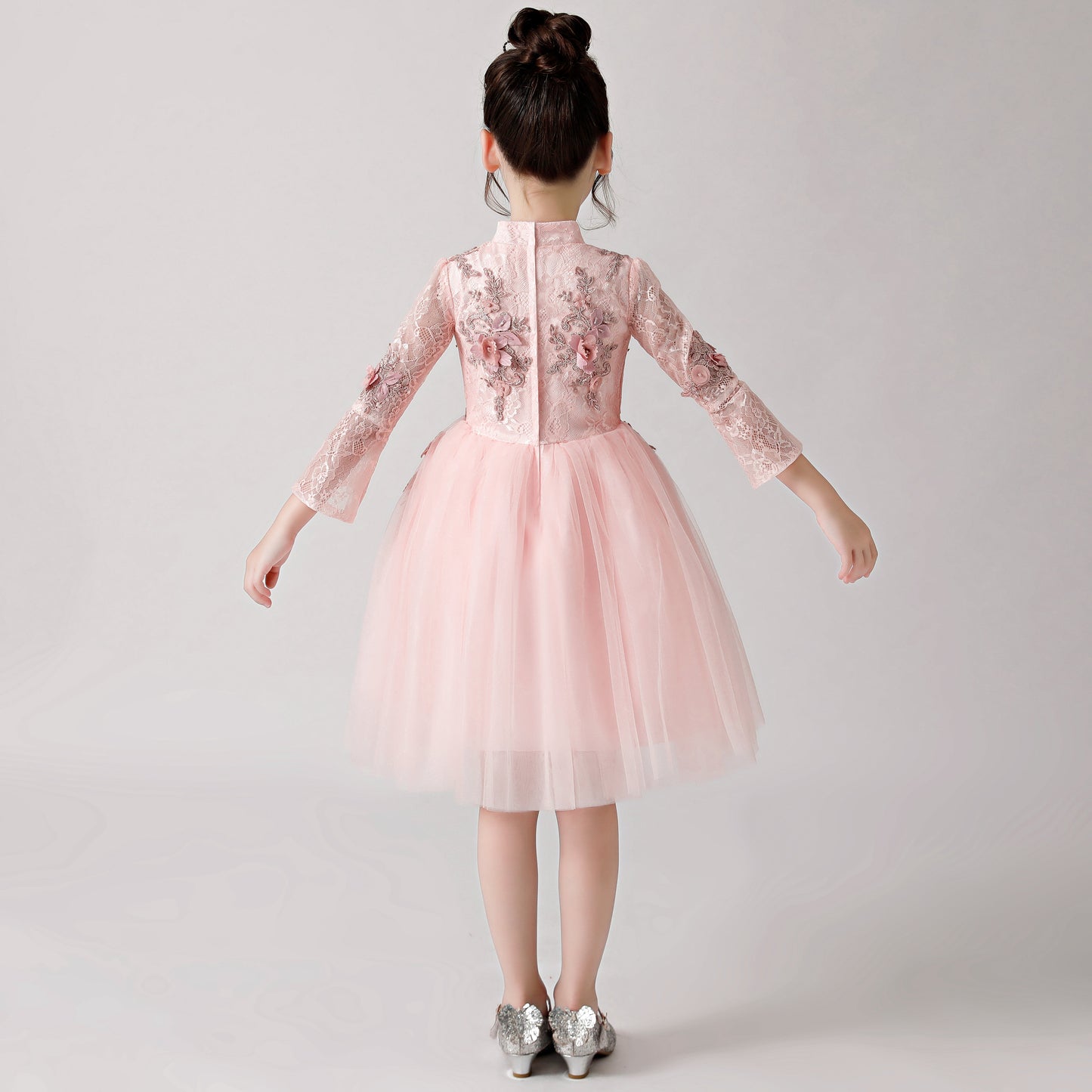 Pink Printed Embroidered Chiffon Flower Girl Long Sleeve Poncho Dress For Wedding, Party, Occasions FLC3177