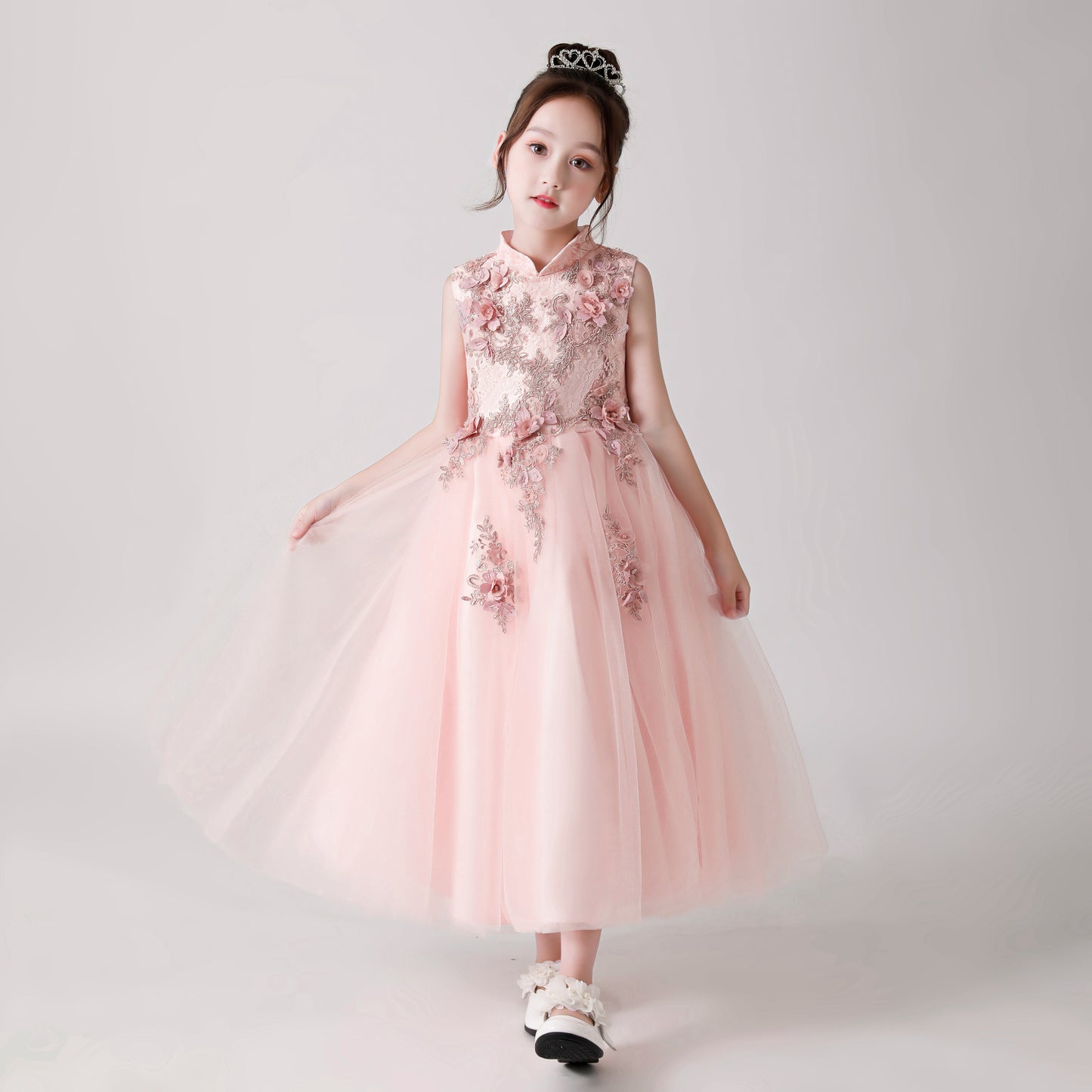 Pink Printed Embroidered Chiffon Flower Girl Long Dress For Wedding, Party, Occasions FLC3178