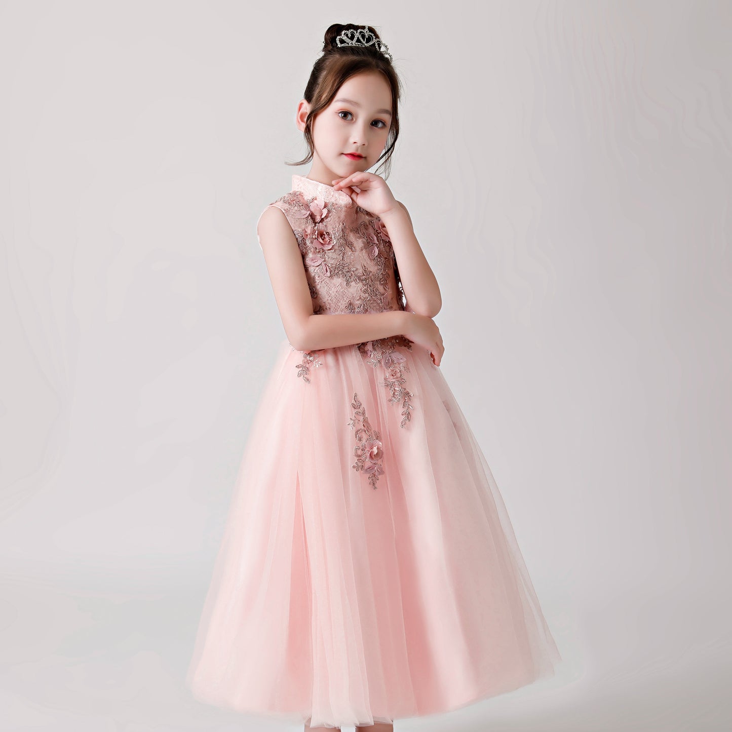 Pink Printed Embroidered Chiffon Flower Girl Long Dress For Wedding, Party, Occasions FLC3178