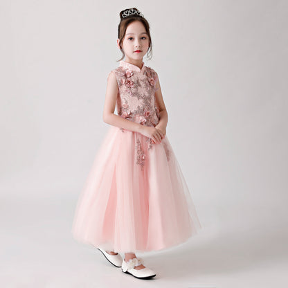 Pink Printed Embroidered Chiffon Flower Girl Long Dress For Wedding, Party, Occasions FLC3178