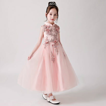 Pink Printed Embroidered Chiffon Flower Girl Long Dress For Wedding, Party, Occasions FLC3178