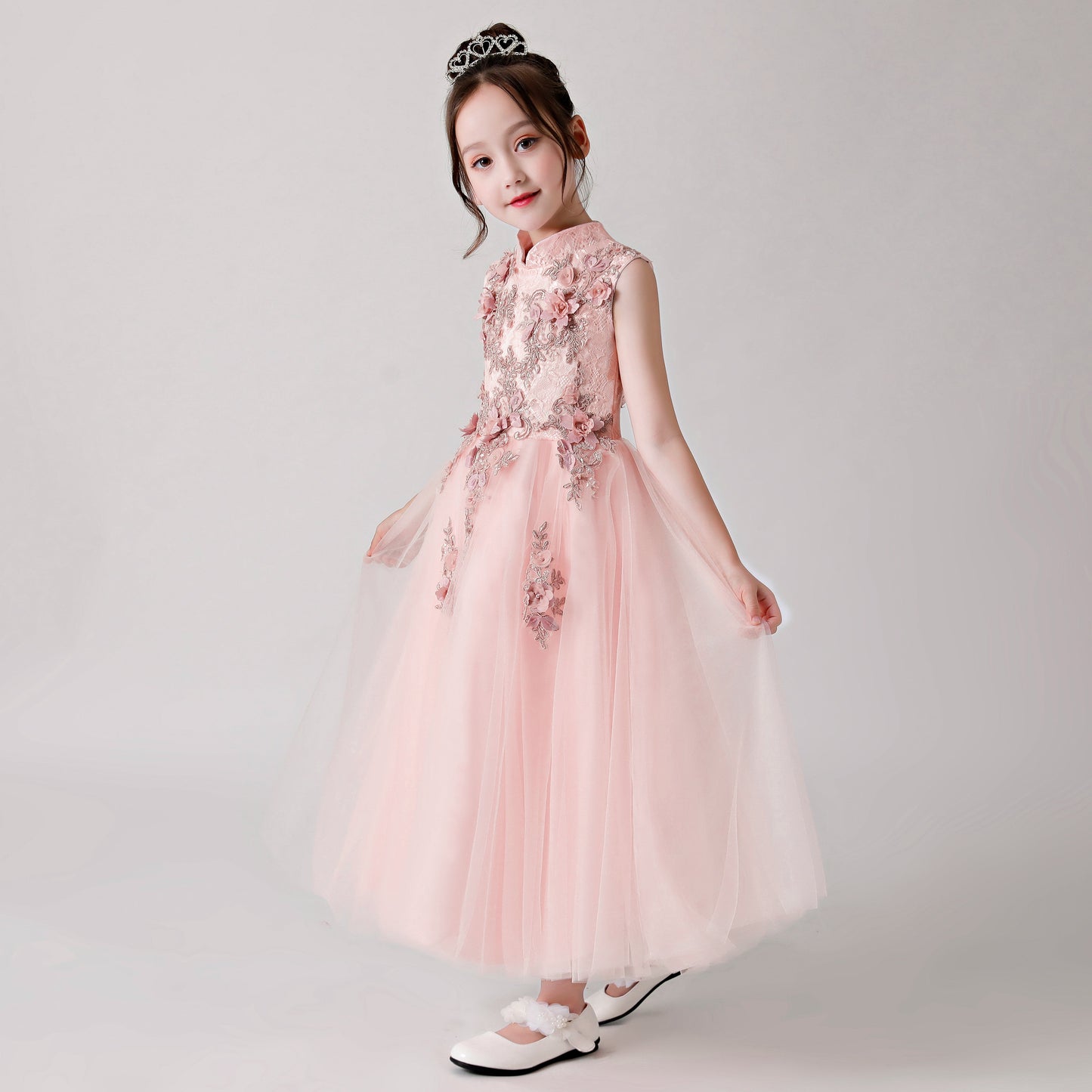 Pink Printed Embroidered Chiffon Flower Girl Long Dress For Wedding, Party, Occasions FLC3178