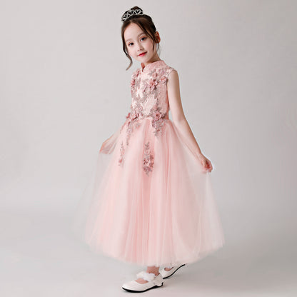 Pink Printed Embroidered Chiffon Flower Girl Long Dress For Wedding, Party, Occasions FLC3178