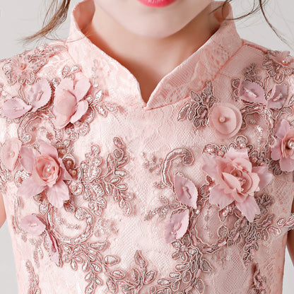 Pink Printed Embroidered Chiffon Flower Girl Long Dress For Wedding, Party, Occasions FLC3178