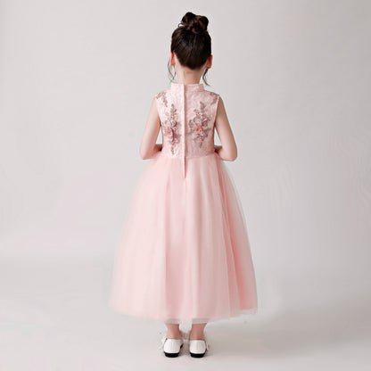 Pink Printed Embroidered Chiffon Flower Girl Long Dress For Wedding, Party, Occasions FLC3178