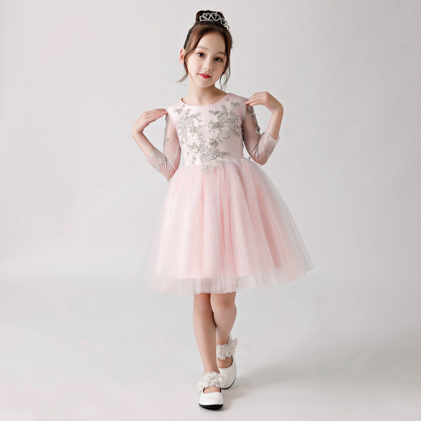 Pink Chiffon Flower Girl Poncho Dress with Silver Prints FLC3179