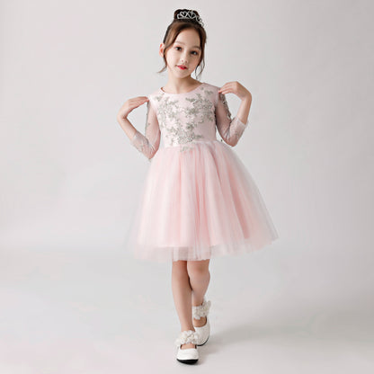 Pink Chiffon Flower Girl Poncho Dress with Silver Prints FLC3179