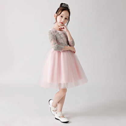 Pink Chiffon Flower Girl Poncho Dress with Silver Prints FLC3179