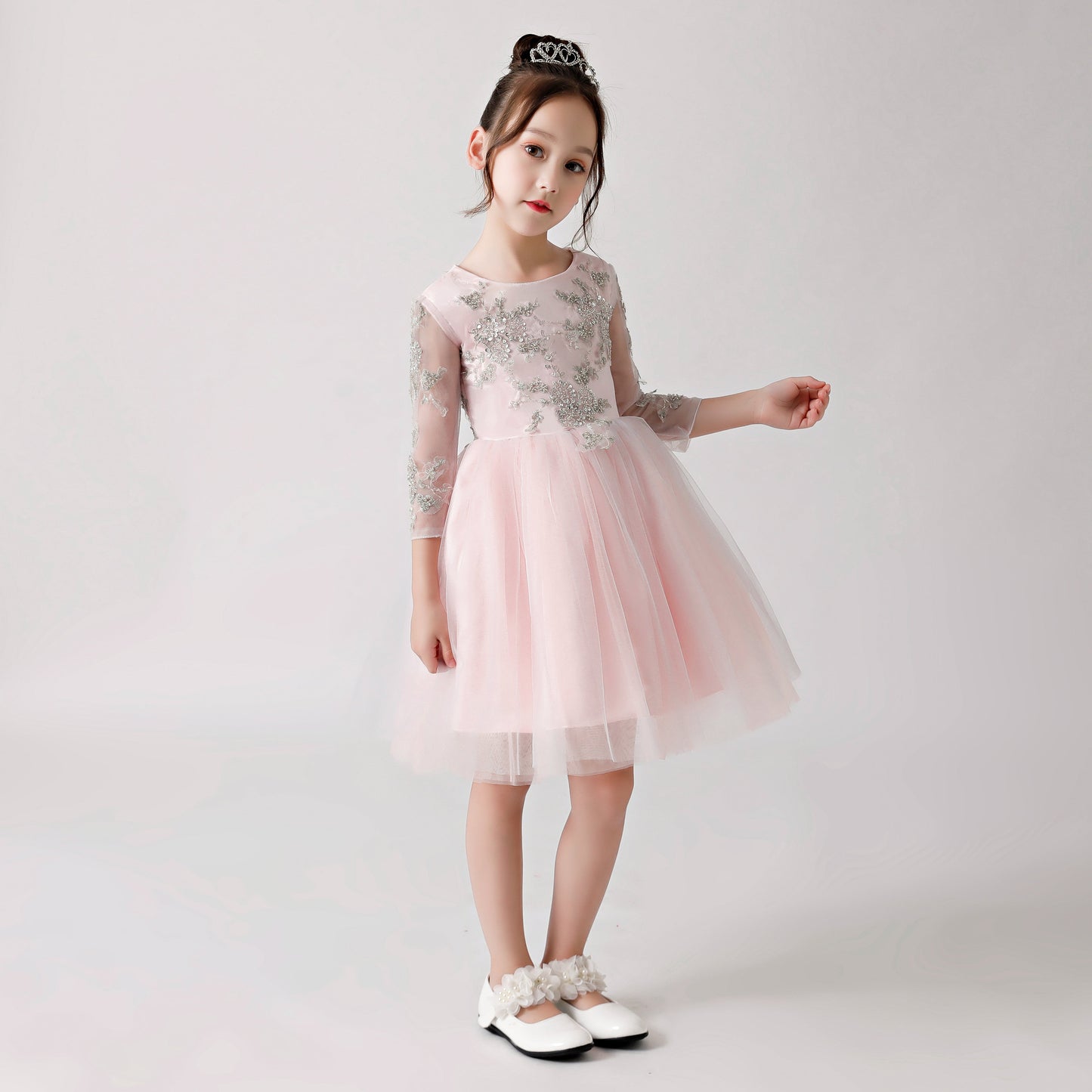 Pink Chiffon Flower Girl Poncho Dress with Silver Prints FLC3179