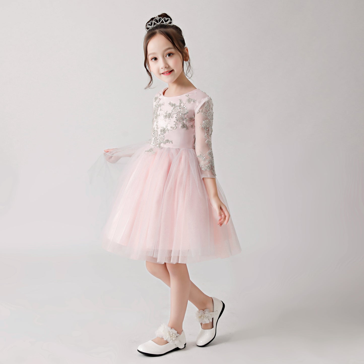 Pink Chiffon Flower Girl Poncho Dress with Silver Prints FLC3179