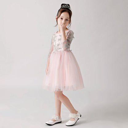 Pink Chiffon Flower Girl Poncho Dress with Silver Prints FLC3179