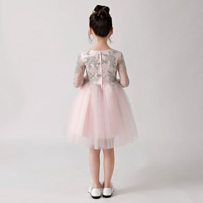 Pink Chiffon Flower Girl Poncho Dress with Silver Prints FLC3179