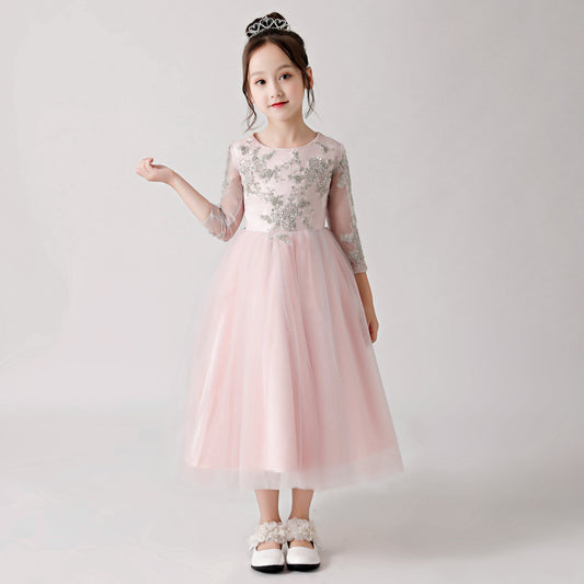 Pink Chiffon Flower Girl Long Dress with Silver Prints FLC3180