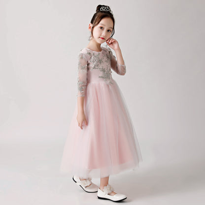 Pink Chiffon Flower Girl Long Dress with Silver Prints FLC3180