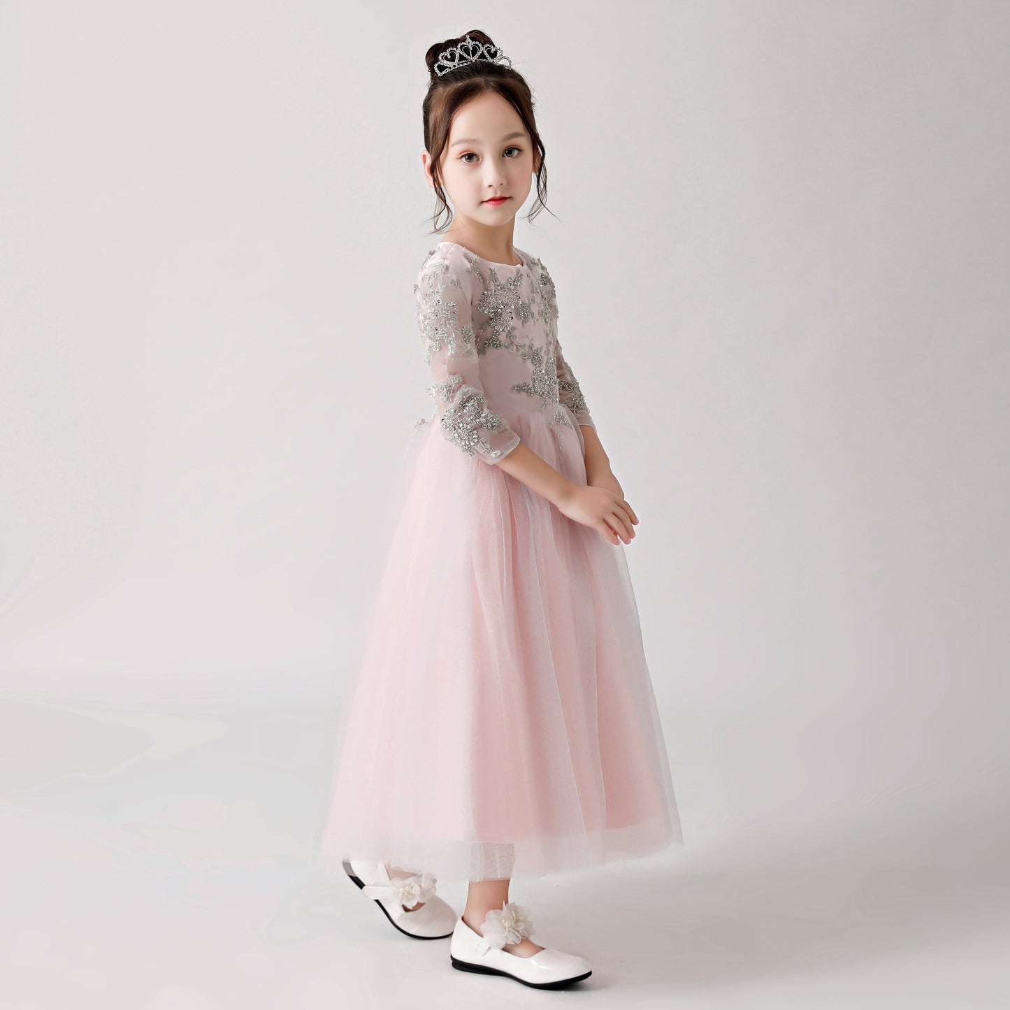 Pink Chiffon Flower Girl Long Dress with Silver Prints FLC3180