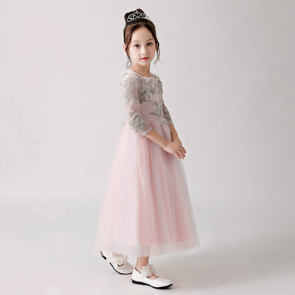 Pink Chiffon Flower Girl Long Dress with Silver Prints FLC3180