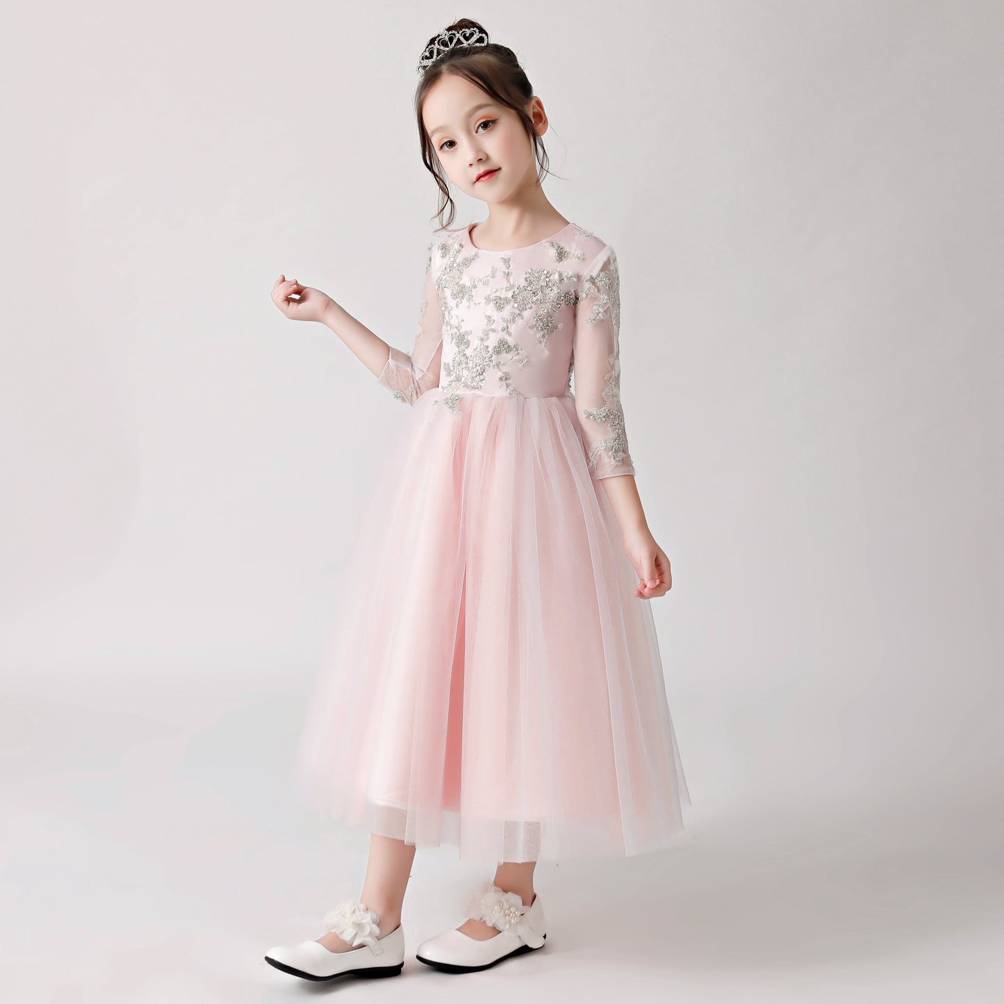 Pink Chiffon Flower Girl Long Dress with Silver Prints FLC3180