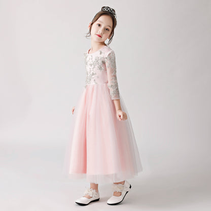 Pink Chiffon Flower Girl Long Dress with Silver Prints FLC3180