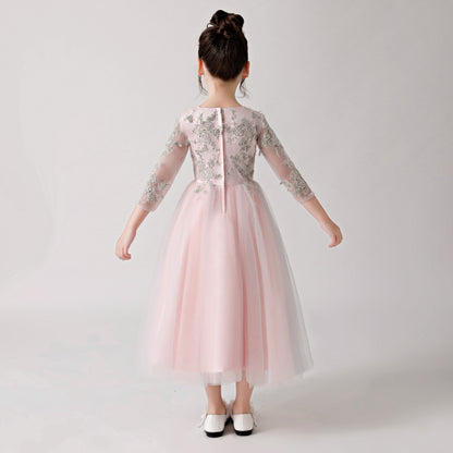 Pink Chiffon Flower Girl Long Dress with Silver Prints FLC3180