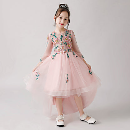 Pink Chiffon Flower Girl Long Dress with Colorful Flower Prints FLC3181