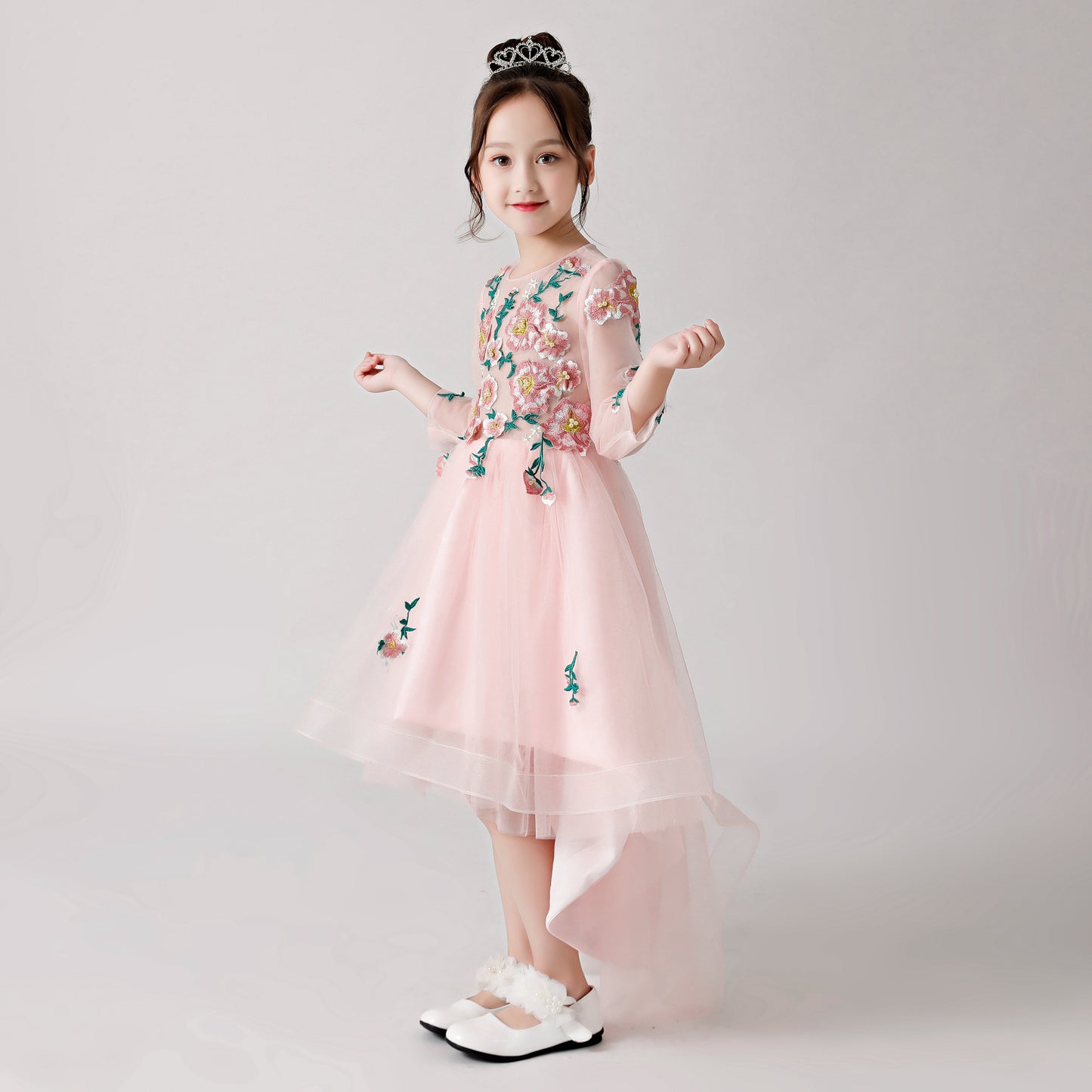 Pink Chiffon Flower Girl Long Dress with Colorful Flower Prints FLC3181