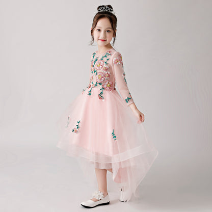 Pink Chiffon Flower Girl Long Dress with Colorful Flower Prints FLC3181