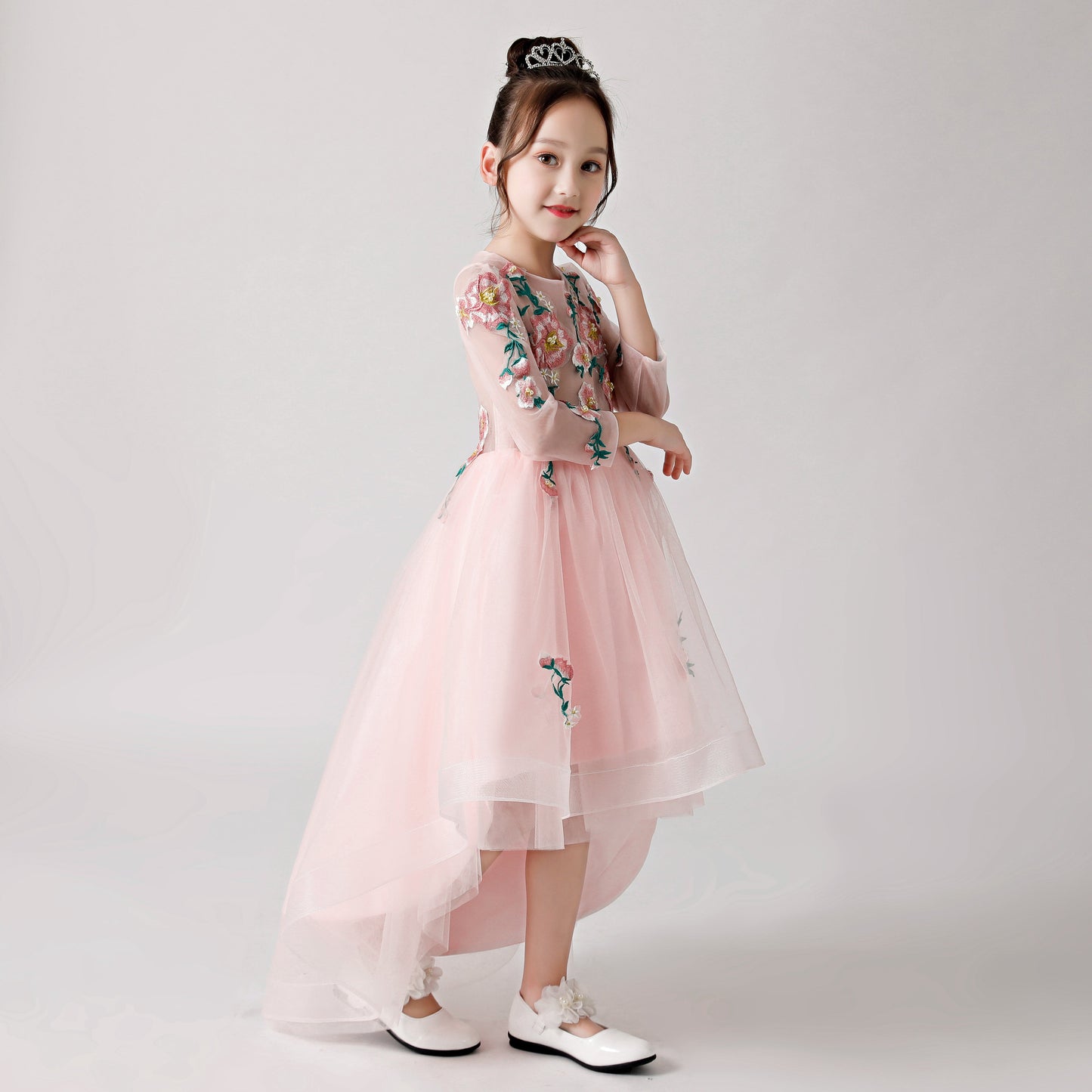 Pink Chiffon Flower Girl Long Dress with Colorful Flower Prints FLC3181