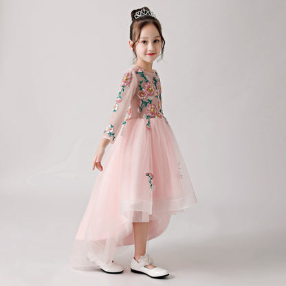 Pink Chiffon Flower Girl Long Dress with Colorful Flower Prints FLC3181