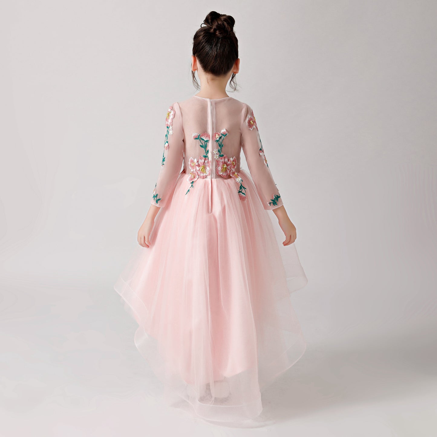 Pink Chiffon Flower Girl Long Dress with Colorful Flower Prints FLC3181