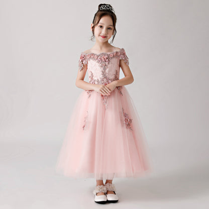 Pink Rose Print Embroidered Chiffon Flower Girl Long Dress For Wedding, Party, Occasions FLC3182