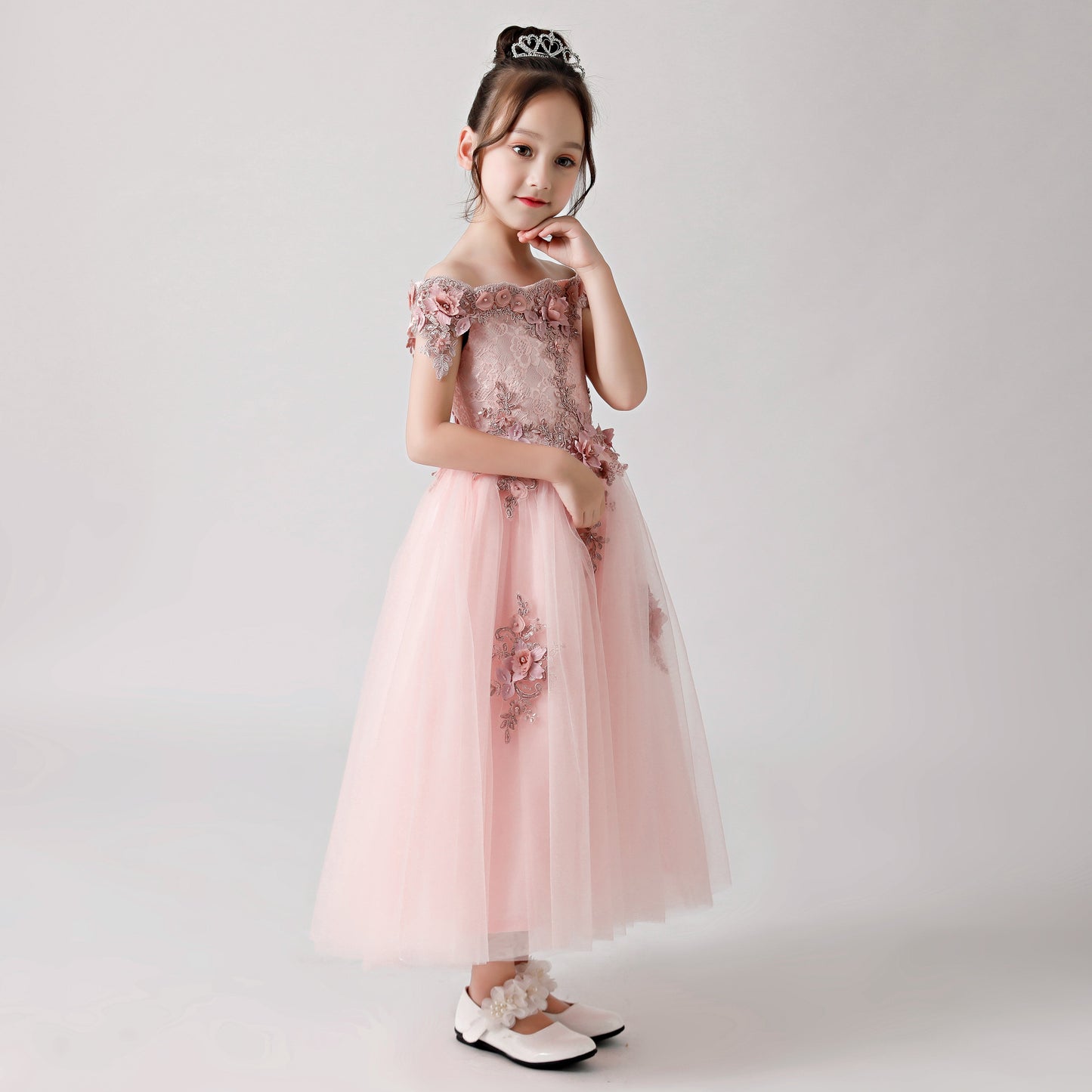 Pink Rose Print Embroidered Chiffon Flower Girl Long Dress For Wedding, Party, Occasions FLC3182