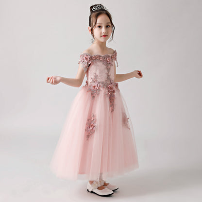 Pink Rose Print Embroidered Chiffon Flower Girl Long Dress For Wedding, Party, Occasions FLC3182