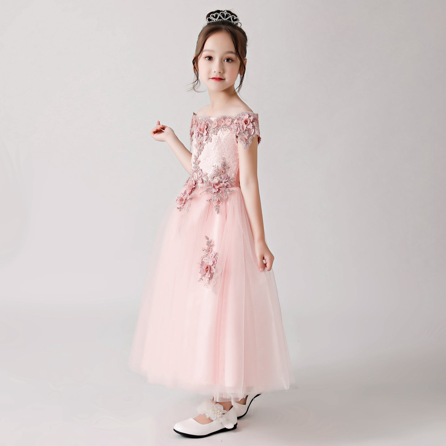 Pink Rose Print Embroidered Chiffon Flower Girl Long Dress For Wedding, Party, Occasions FLC3182