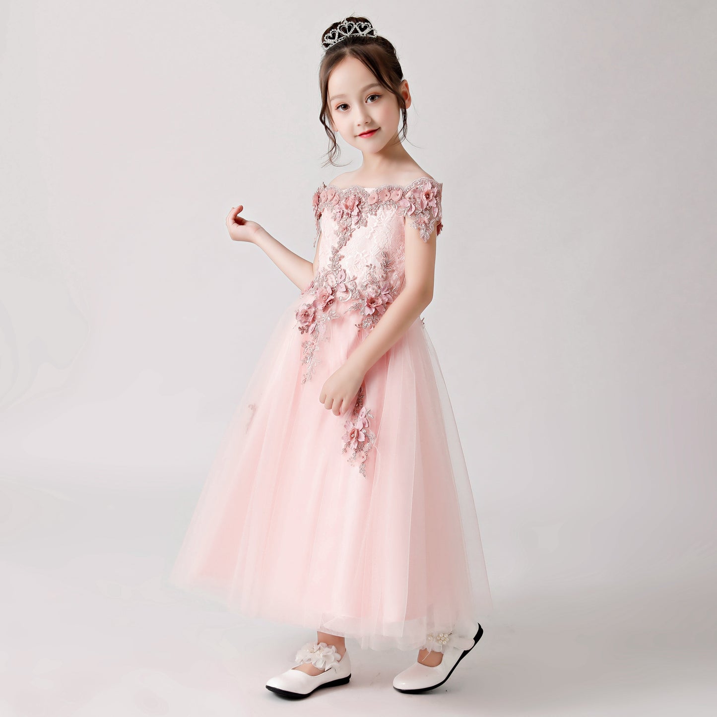 Pink Rose Print Embroidered Chiffon Flower Girl Long Dress For Wedding, Party, Occasions FLC3182