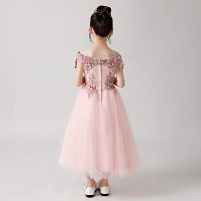 Pink Rose Print Embroidered Chiffon Flower Girl Long Dress For Wedding, Party, Occasions FLC3182