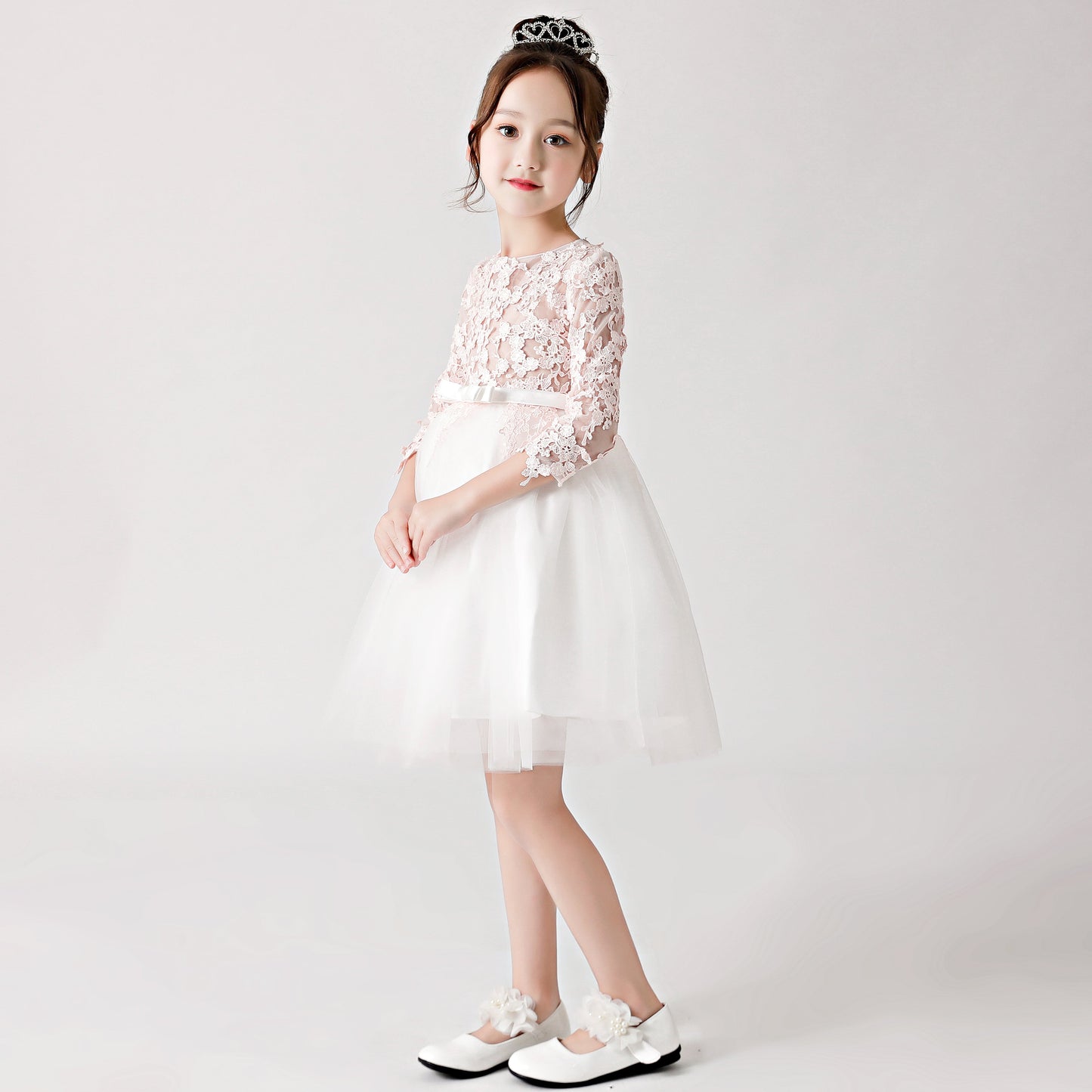 White Printed Chiffon Flower Girl Poncho Dress 3184