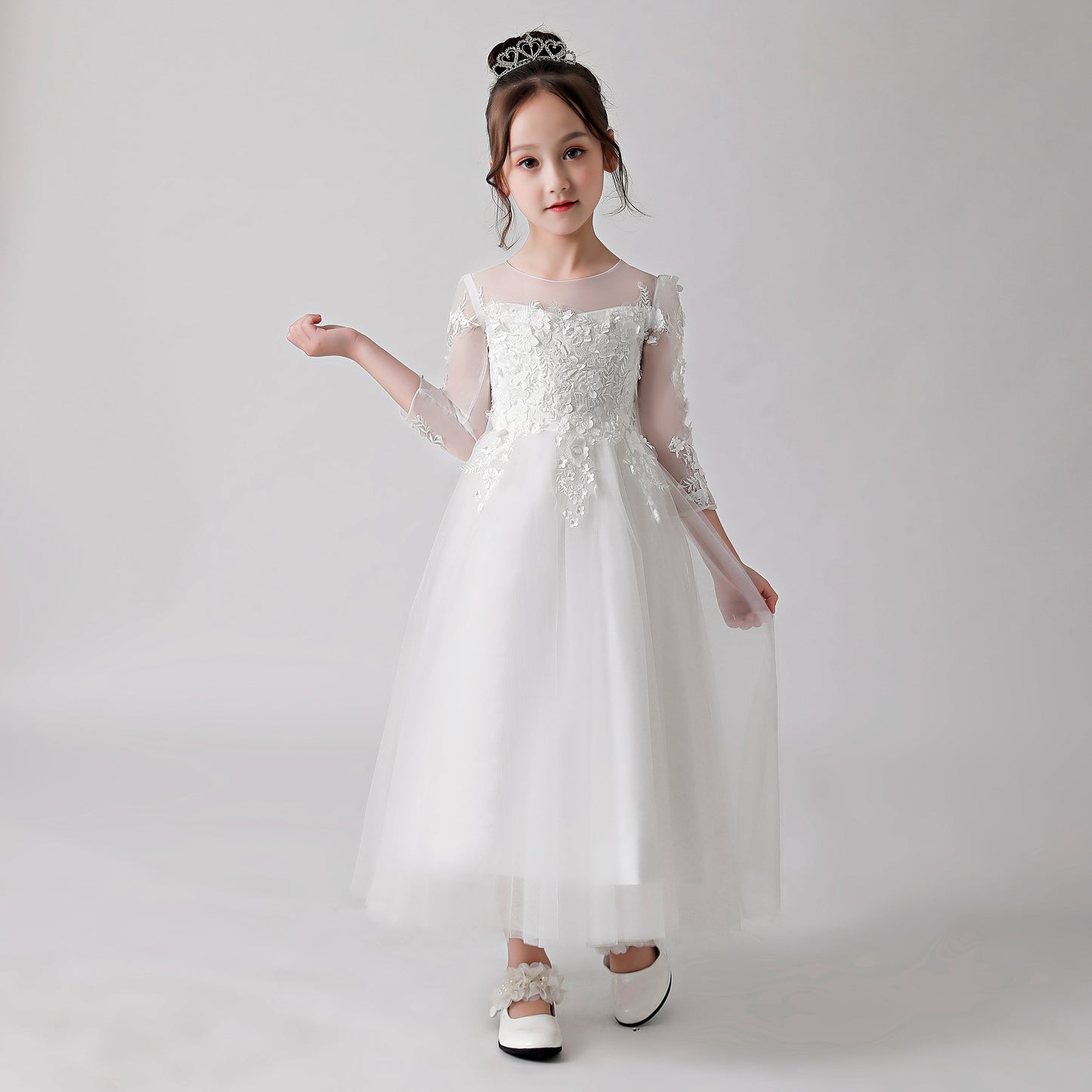 White Printed Sheer Chiffon Flower Girl Gown Dress 3186