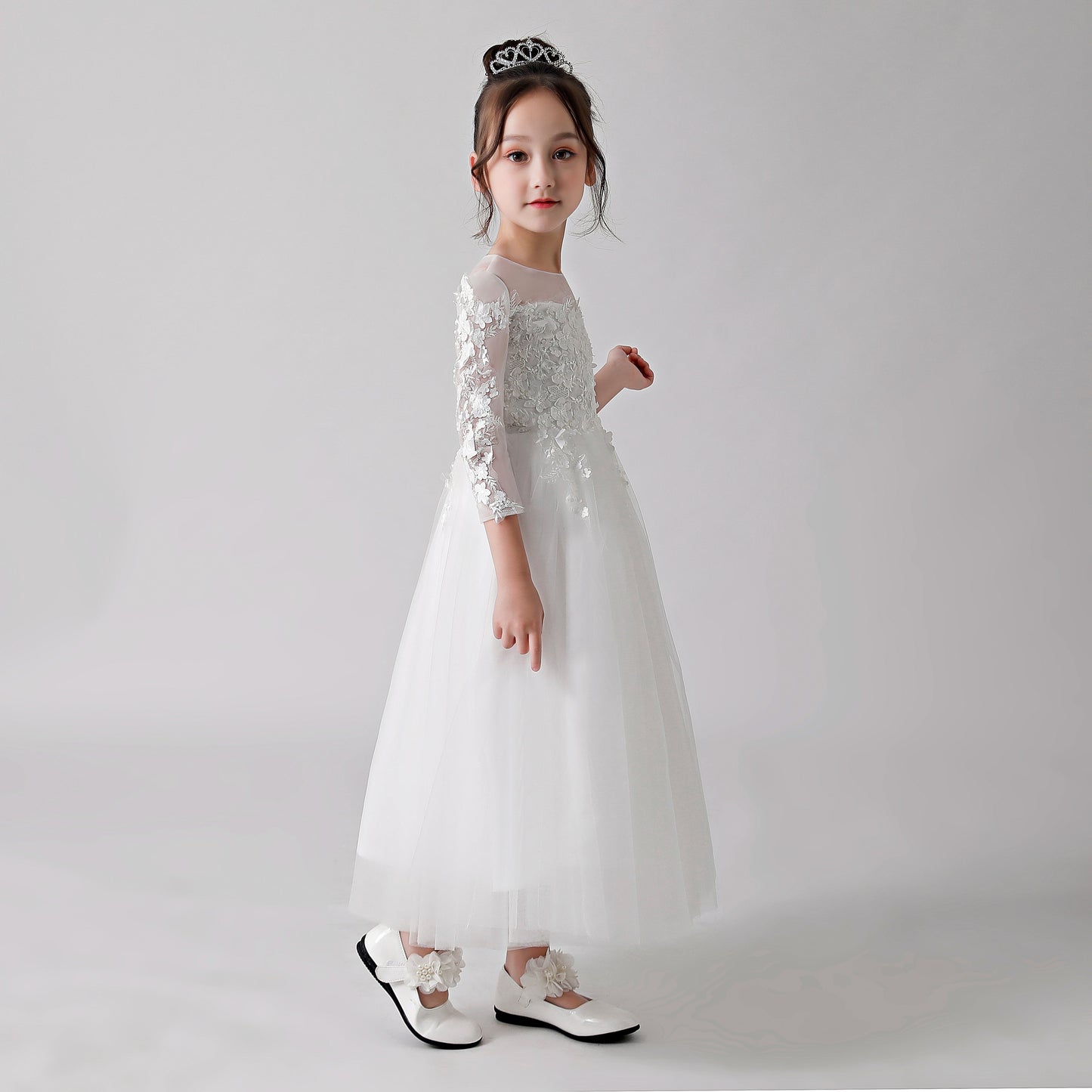 White Printed Sheer Chiffon Flower Girl Gown Dress 3186