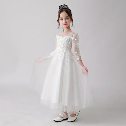 White Printed Sheer Chiffon Flower Girl Gown Dress 3186