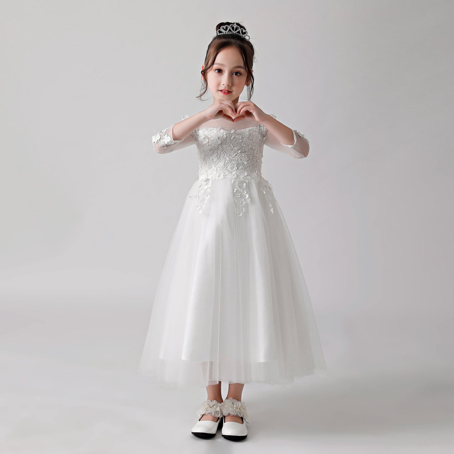 White Printed Sheer Chiffon Flower Girl Gown Dress 3186