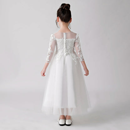 White Printed Sheer Chiffon Flower Girl Gown Dress 3186