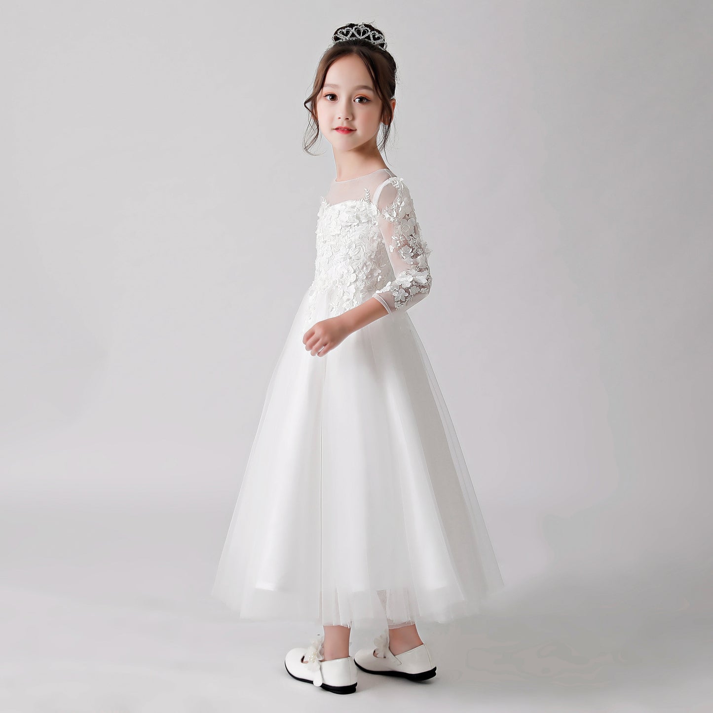 White Printed Sheer Chiffon Flower Girl Gown Dress 3186